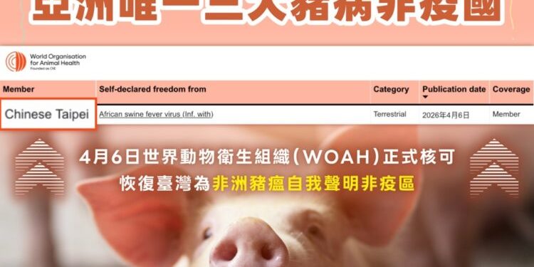 非洲豬瘟防疫成果再獲肯定 臺灣重返亞洲唯一三大豬病非疫國
