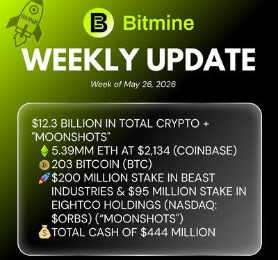 Bitmine Immersion Technologies (BMNR) 宣佈其以太幣 (ETH) 持有量達 539 萬枚，加密資產及現金總持有額達 123 億美元