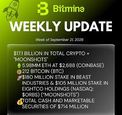Bitmine Immersion Technologies（BMNR）宣佈 ETH 持倉達 598 萬枚，加密資產及現金總值達 171 億美元