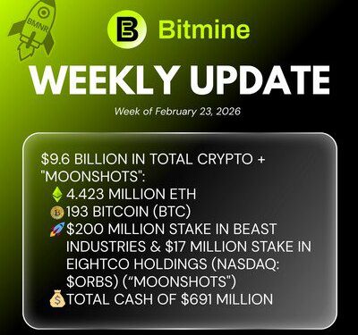 Bitmine Immersion Technologies (BMNR) 宣佈其以太幣持有量達 4.423 百萬枚代幣,加密資產及現金總持有額達 96 億美元