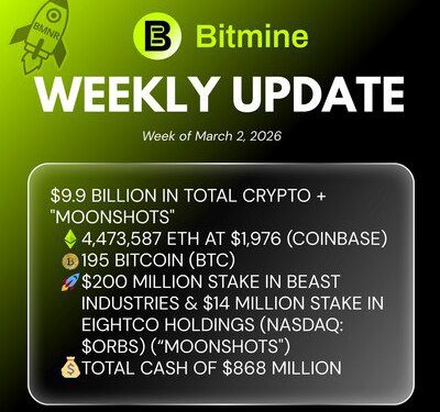 Bitmine Immersion Technologies (BMNR) 宣佈其以太幣持有量達 447.4 萬枚代幣，加密資產及現金總持有額達 99 億美元