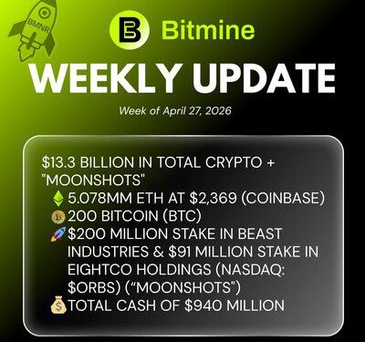 Bitmine Immersion Technologies (BMNR) 宣佈其以太幣 (ETH) 持有量達 507.8 萬枚，加密資產及現金總持有額達 133 億美元